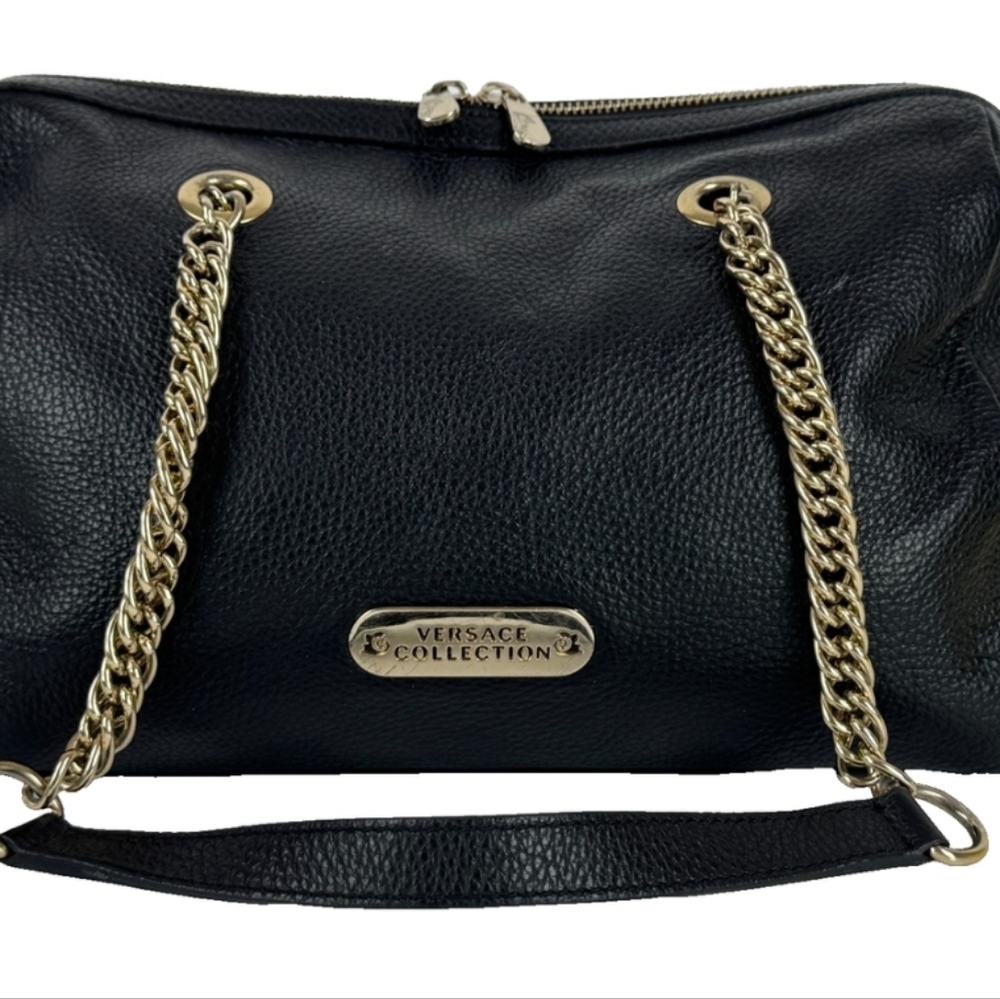 Versace Collection Black Leather Shoulder Bag with Silver Chain - Picture 7 of 9